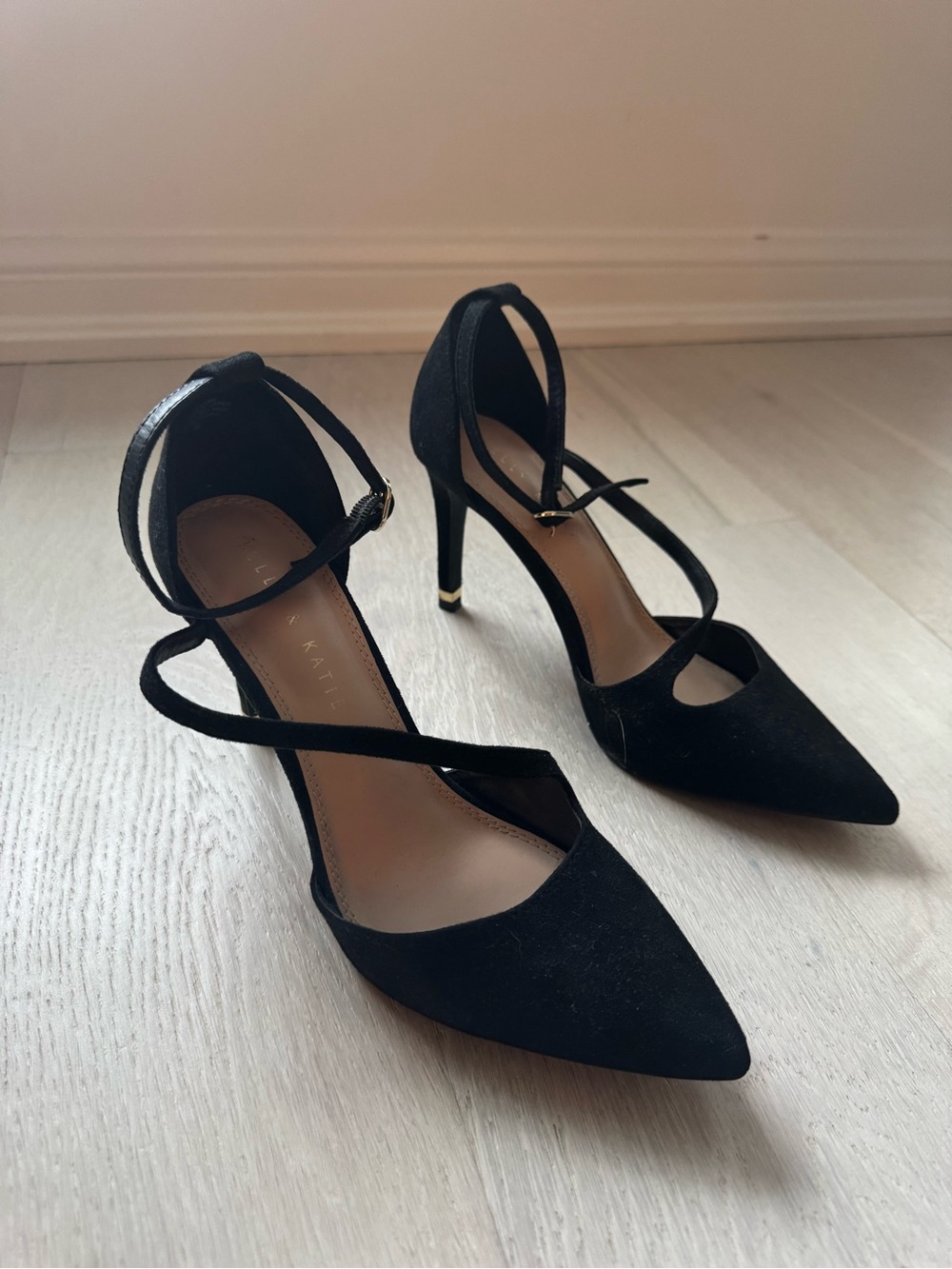 Kelly & Katie Black Pointed Ankle-Strap Stiletto Heels